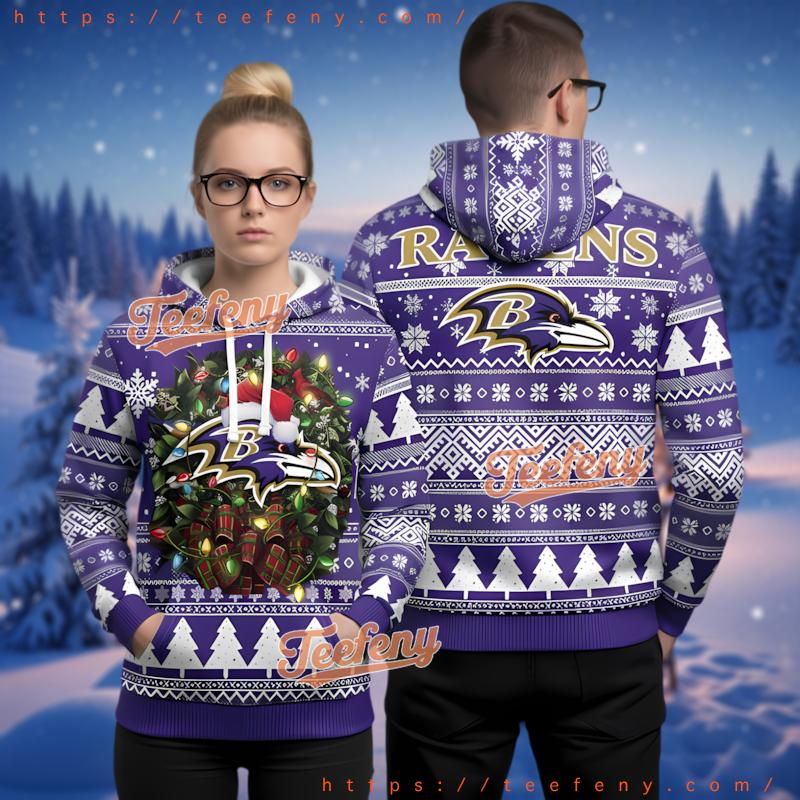 Baltimore Ravens Santa Hat Christmas Wreath Ugly Christmas 3D Hoodie