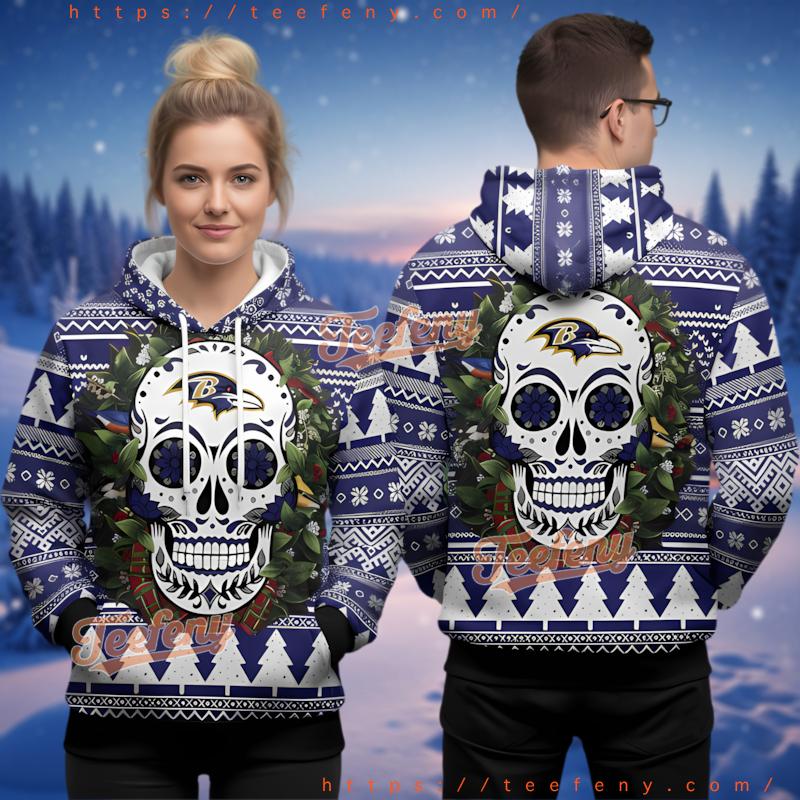 Baltimore Ravens Sugar Skull Christmas Wreath Ugly Christmas 3D Hoodie