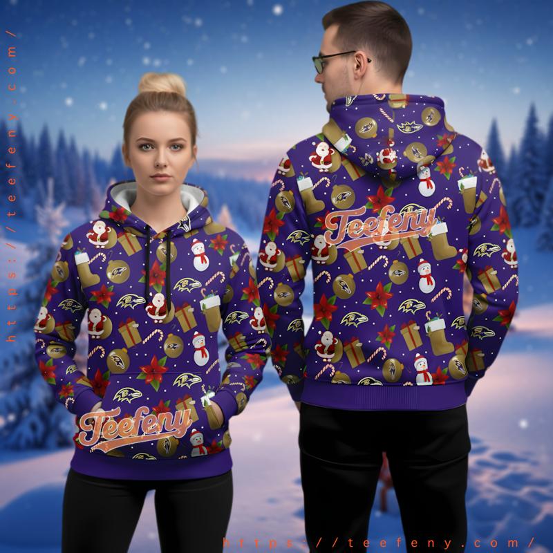 Baltimore Ravens Ugly Christmas 3D Hoodie Santa Snowman Pattern