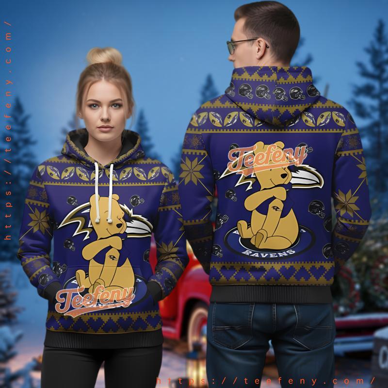 Baltimore Ravens Winnie The Pooh Ugly Christmas 3D Hoodie