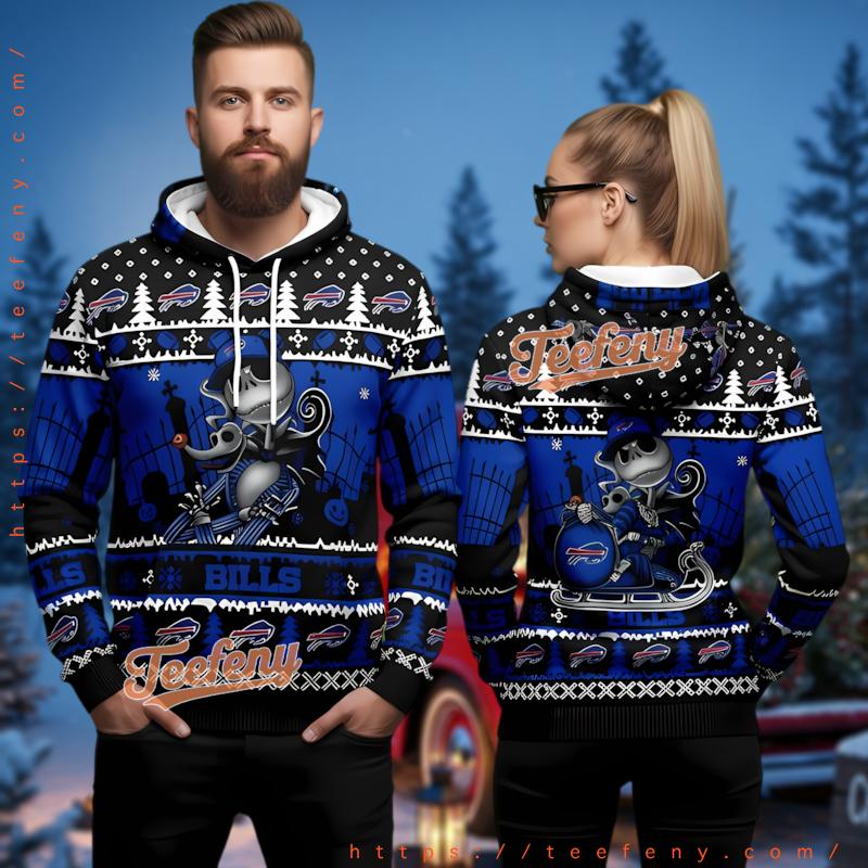 Buffalo Bills Jack Skellington Blue 3D Ugly Christmas Hoodie