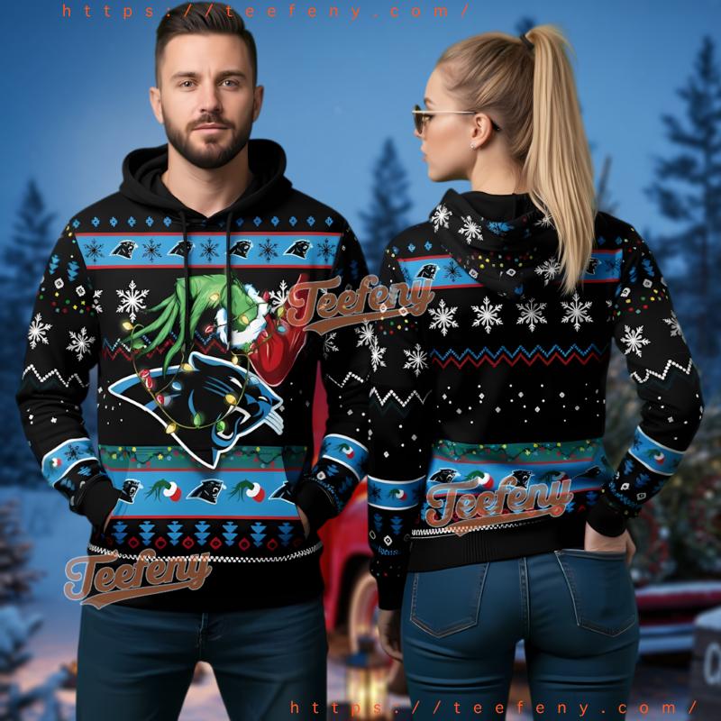 Carolina Panthers Grinch Christmas Lights Ugly 3D Pullover Hoodie