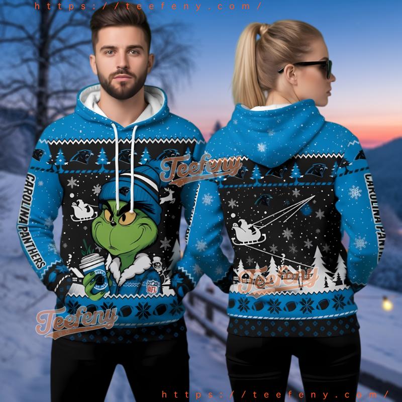 Carolina Panthers Grinch Drinking Coffee Ugly Christmas 3D Hoodie