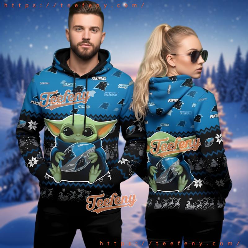 Carolina Panthers Grogu Holding Ball Ugly Christmas 3D Hoodie Blue