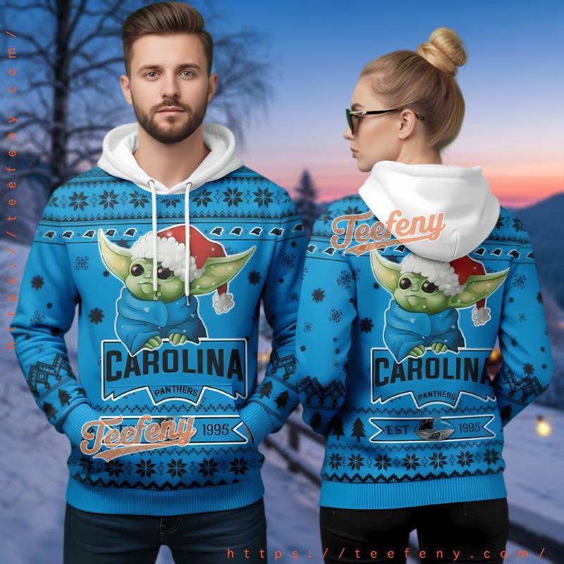Carolina Panthers Grogu Santa Hat Ugly Christmas 3D Hoodie Blue