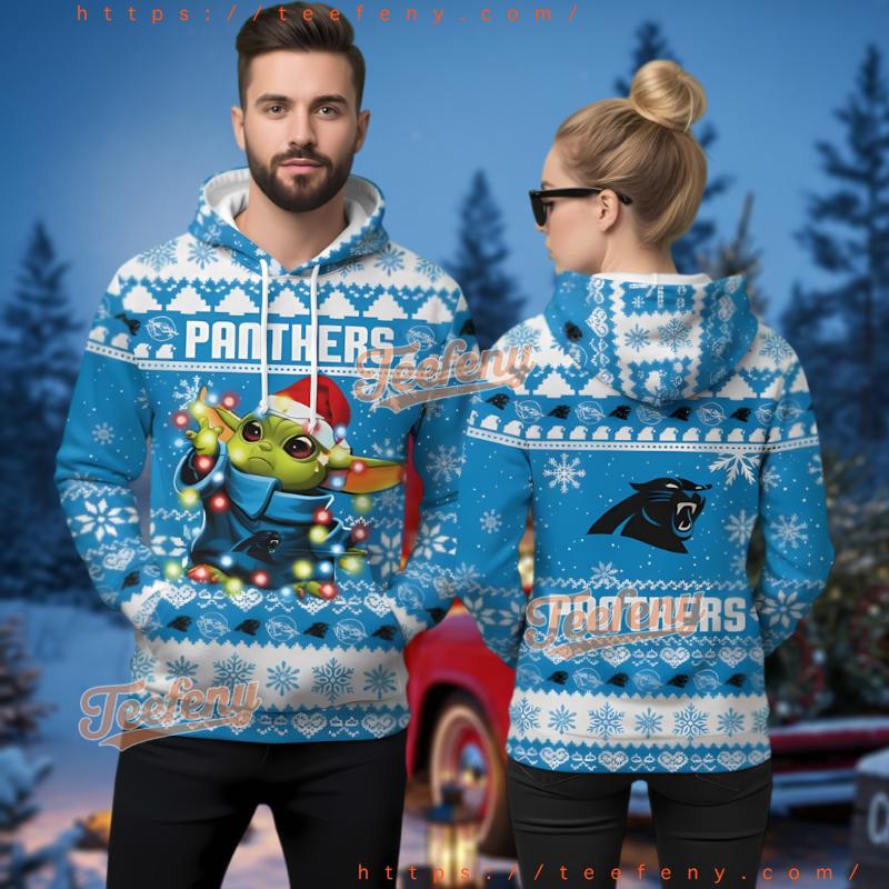 Carolina Panthers Grogu Star Wars Christmas Lights Ugly 3D Hoodie
