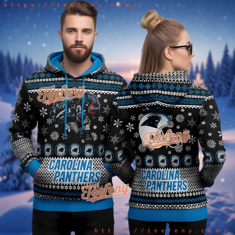 Carolina Panthers Mascot Ugly Christmas 3D Hoodie Black Blue