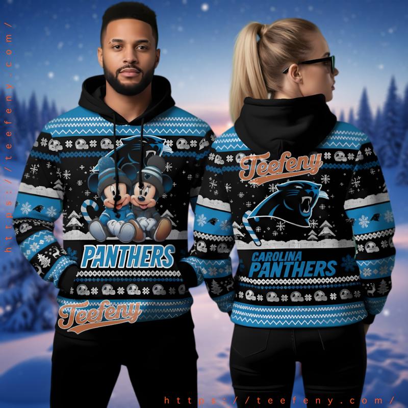 Carolina Panthers Mickey Minnie Mouse Ugly Christmas 3D Hoodie