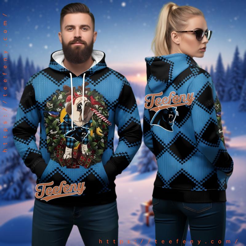 Carolina Panthers Pug Dog Christmas Wreath Ugly 3D Hoodie