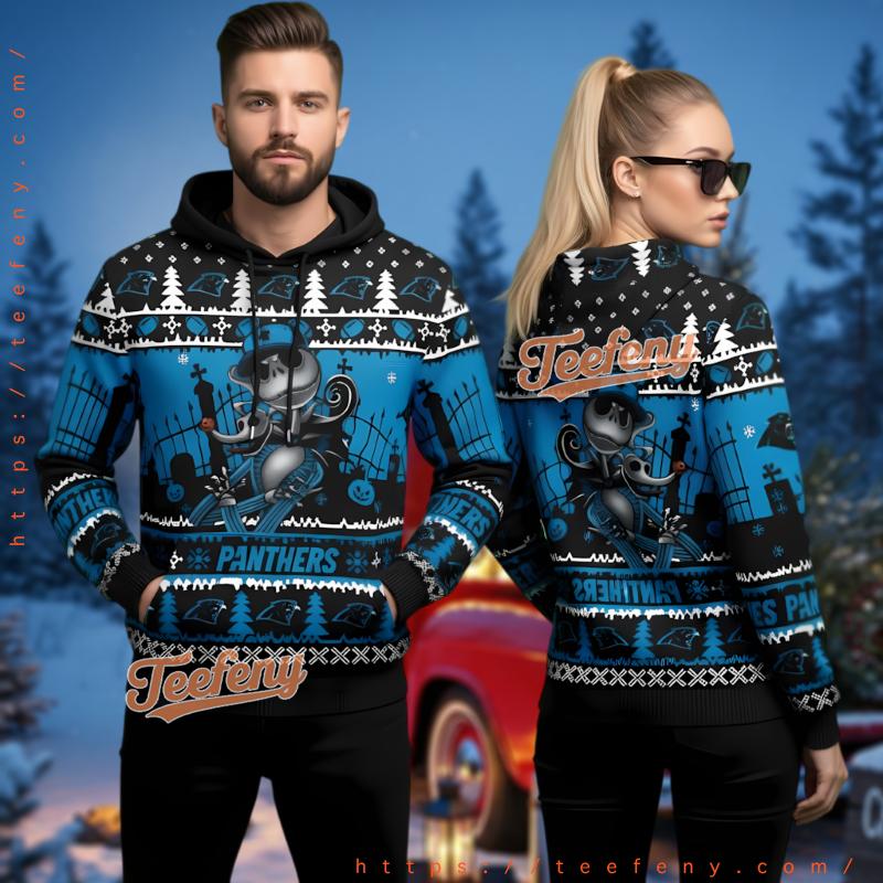 Carolina Panthers Spooky Jack Skellington Ugly Christmas 3D Hoodie