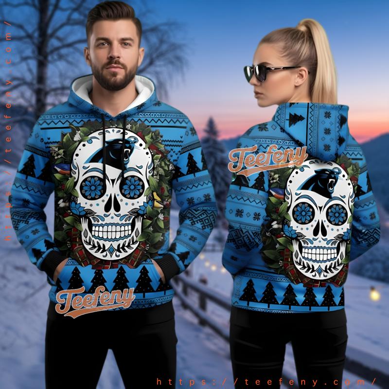 Carolina Panthers Sugar Skull Floral Ugly Christmas 3D Hoodie