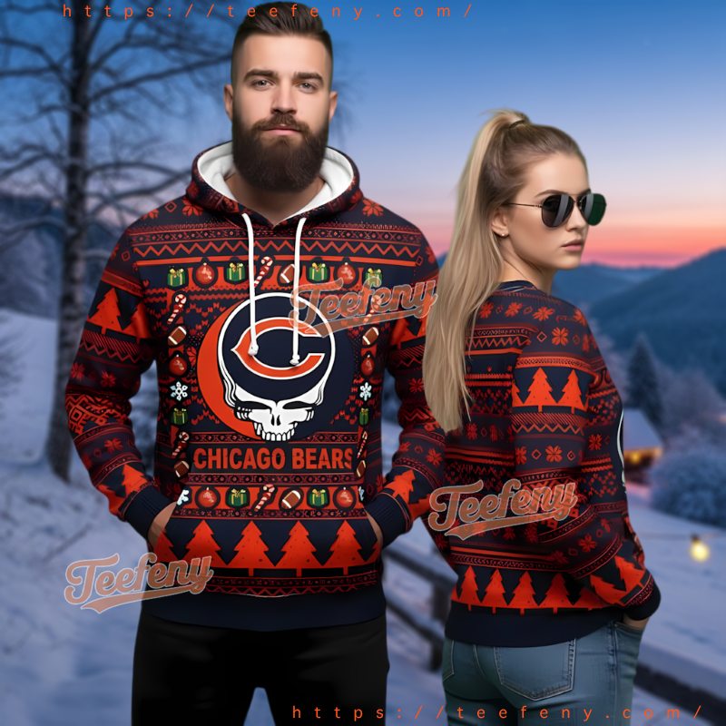 Chicago Bears Grateful Dead 3D Ugly Christmas Hoodie Orange Blue