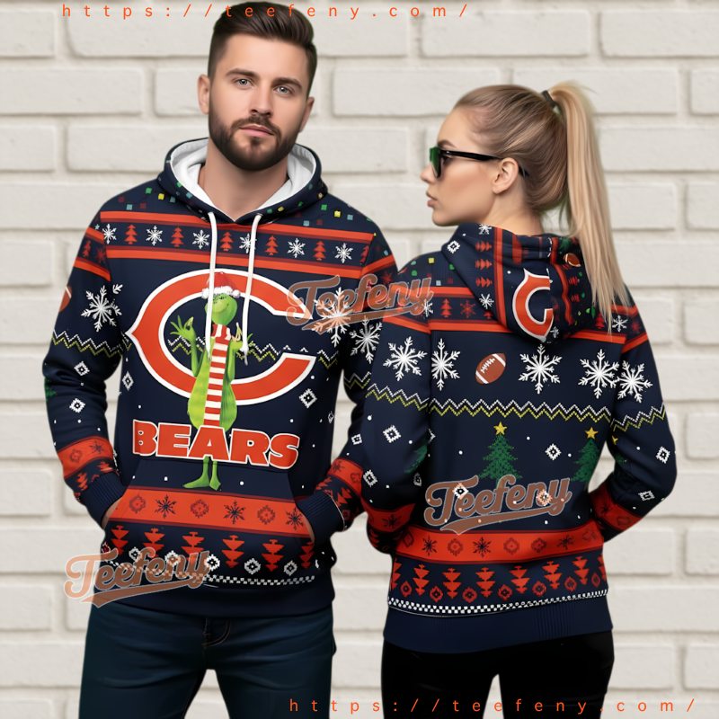 Chicago Bears Grinch 3D Ugly Christmas Hoodie Snowflake Design