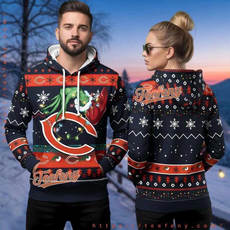 Chicago Bears Grinch Light Ugly Christmas 3D Hoodie