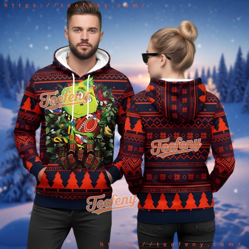 Chicago Bears Grinch Ugly Christmas Hoodie 3D Wreath Design