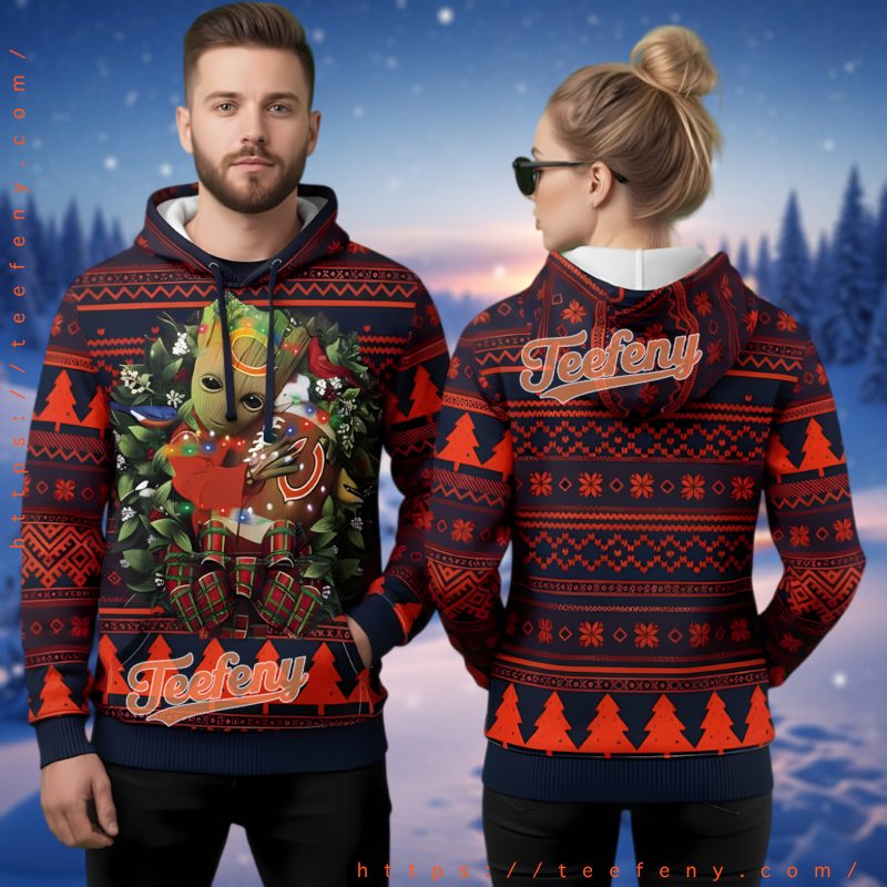 Chicago Bears Groot Christmas Wreath 3D Ugly Hoodie