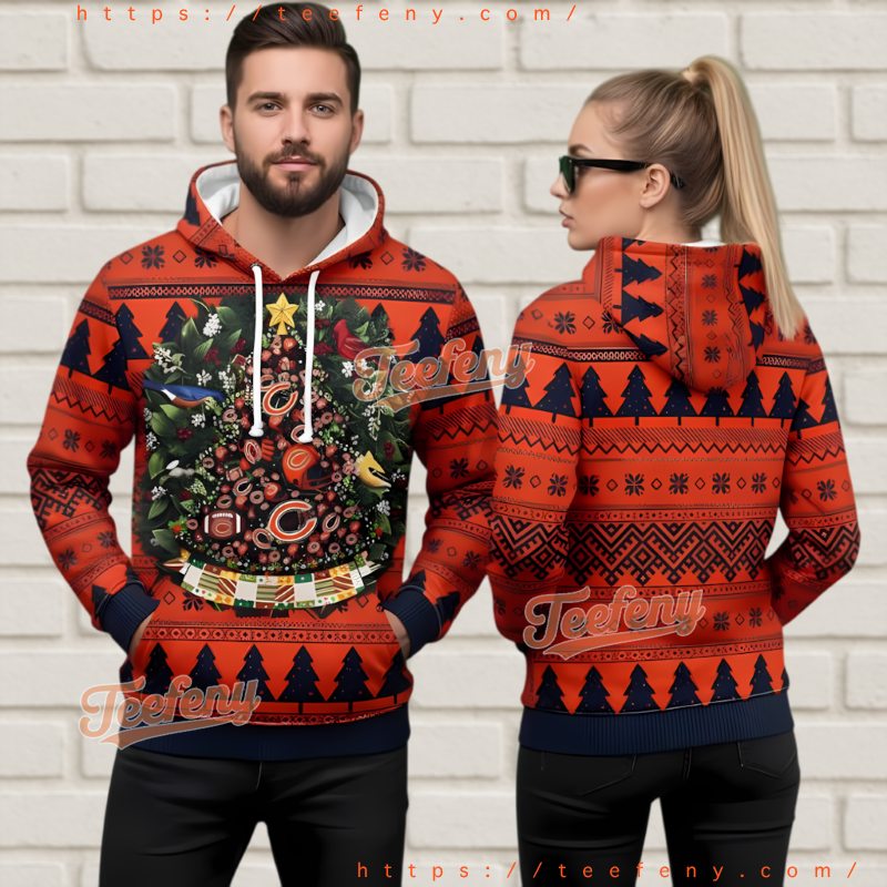 Chicago Bears Logo Wreath Ugly Christmas Hoodie 3D Print Fan