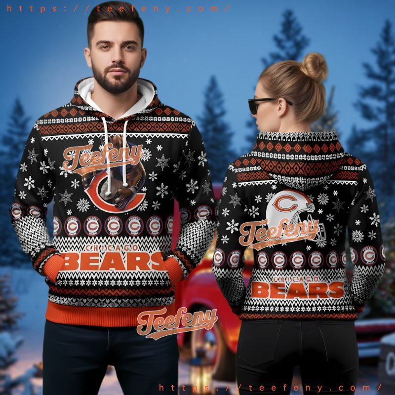 Chicago Bears Mascot 3D Ugly Christmas Hoodie Black Orange