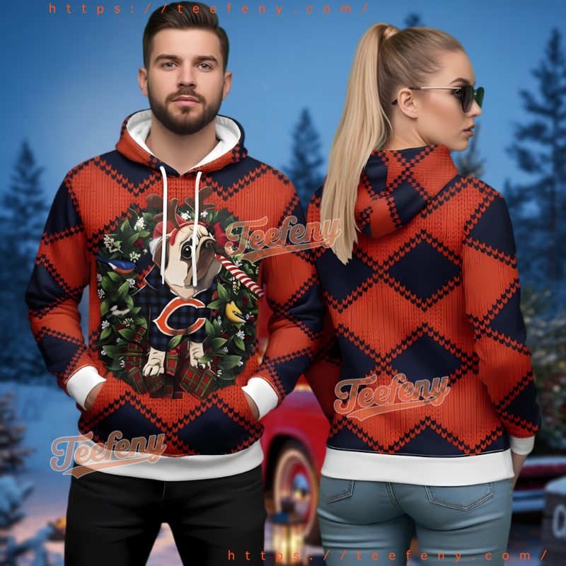 Chicago Bears Pug Dog Ugly Christmas Hoodie 3D Orange Blue Chicago Bears Pug Dog Ugly Christmas Hoodie 3D Orange Blue