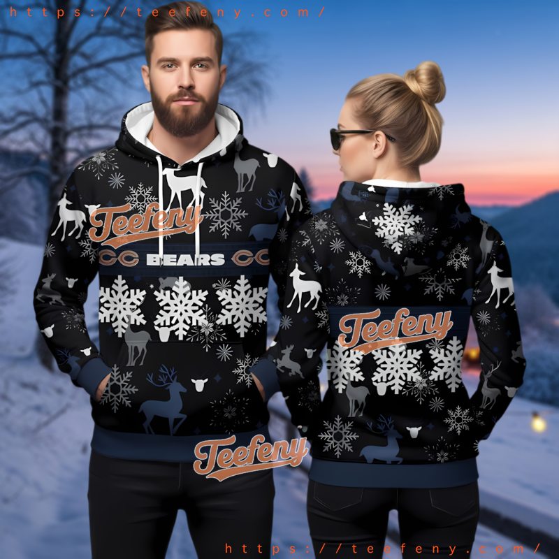 Chicago Bears Reindeer Snowflake Ugly Christmas Hoodie 3D Chicago Bears Reindeer Snowflake Ugly Christmas Hoodie 3D