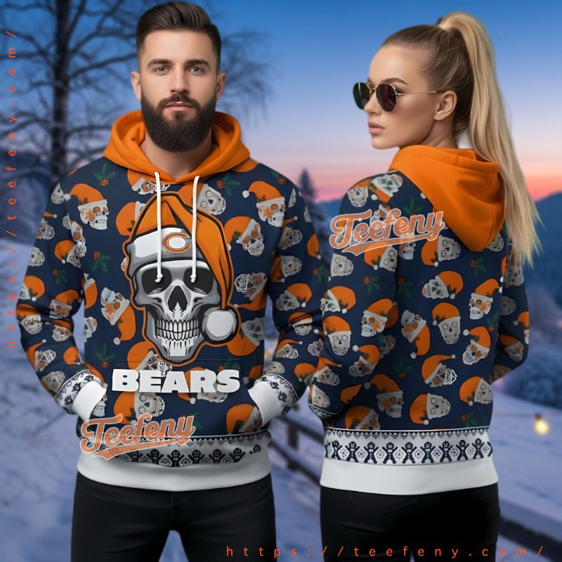 Chicago Bears Skull Pattern Ugly Hoodie 3D Navy Orange Chicago Bears Skull Pattern Ugly Hoodie 3D Navy Orange