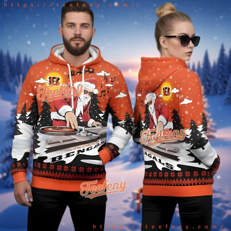 Cincinnati Bengals Dj Santa Claus Music 3D Ugly Christmas Hoodie