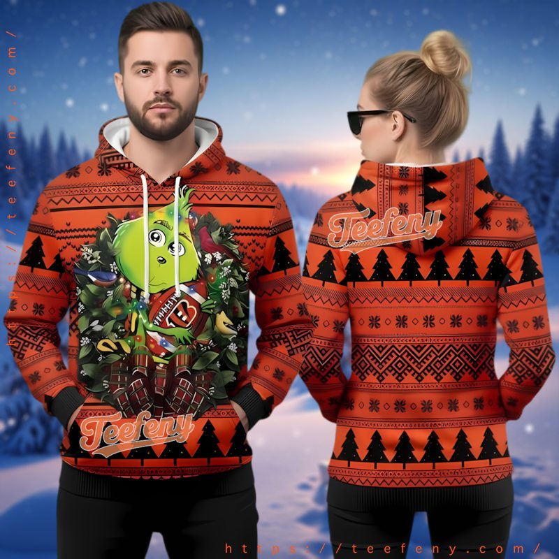 Cincinnati Bengals Grinch Christmas Wreath Ugly Hoodie 3D