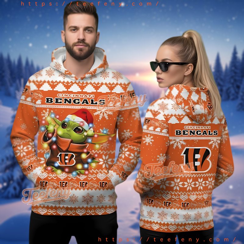 Cincinnati Bengals Grogu Christmas Lights Ugly Hoodie 3D