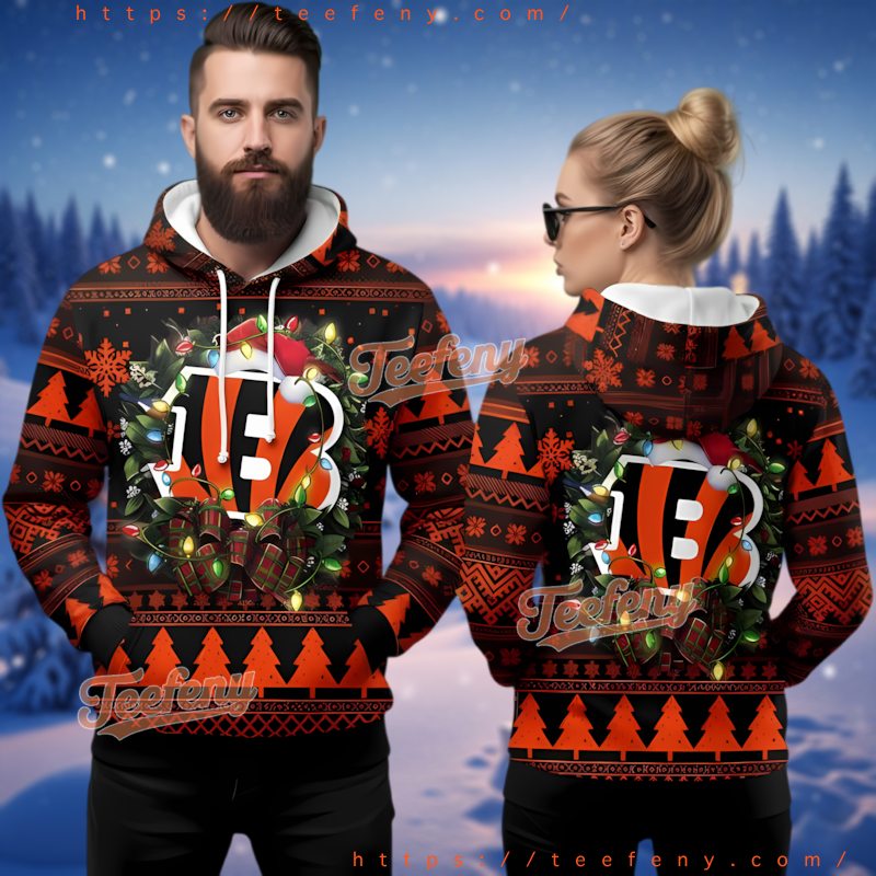 Cincinnati Bengals Merry Christmas 3D Ugly Hoodie Wreath