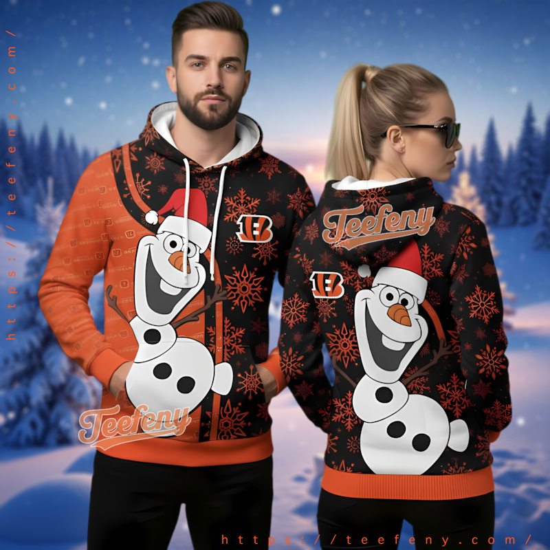 Cincinnati Bengals Olaf Frozen Santa Hat 3D Ugly Christmas Hoodie Cincinnati Bengals Olaf Frozen Santa Hat 3D Ugly Christmas Hoodie