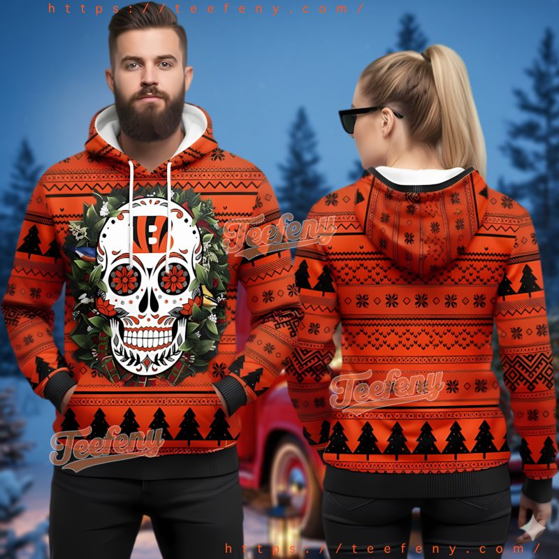 Cincinnati Bengals Orange Sugar Skull 3D Ugly Christmas Hoodie