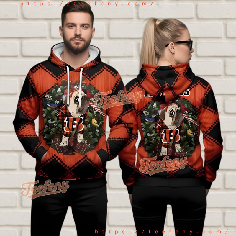 Cincinnati Bengals Pug Dog Wreath Ugly Christmas 3D Hoodie Cincinnati Bengals Pug Dog Wreath Ugly Christmas 3D Hoodie