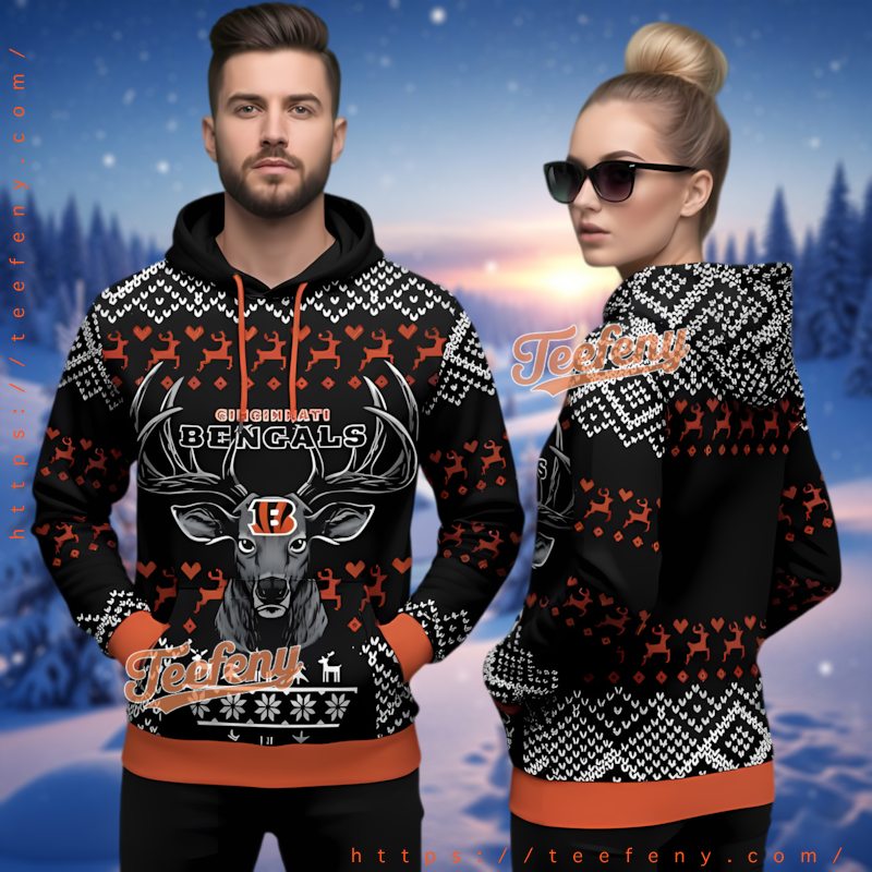 Cincinnati Bengals Reindeer Head Ugly Christmas 3D Hoodie Cincinnati Bengals Reindeer Head Ugly Christmas 3D Hoodie