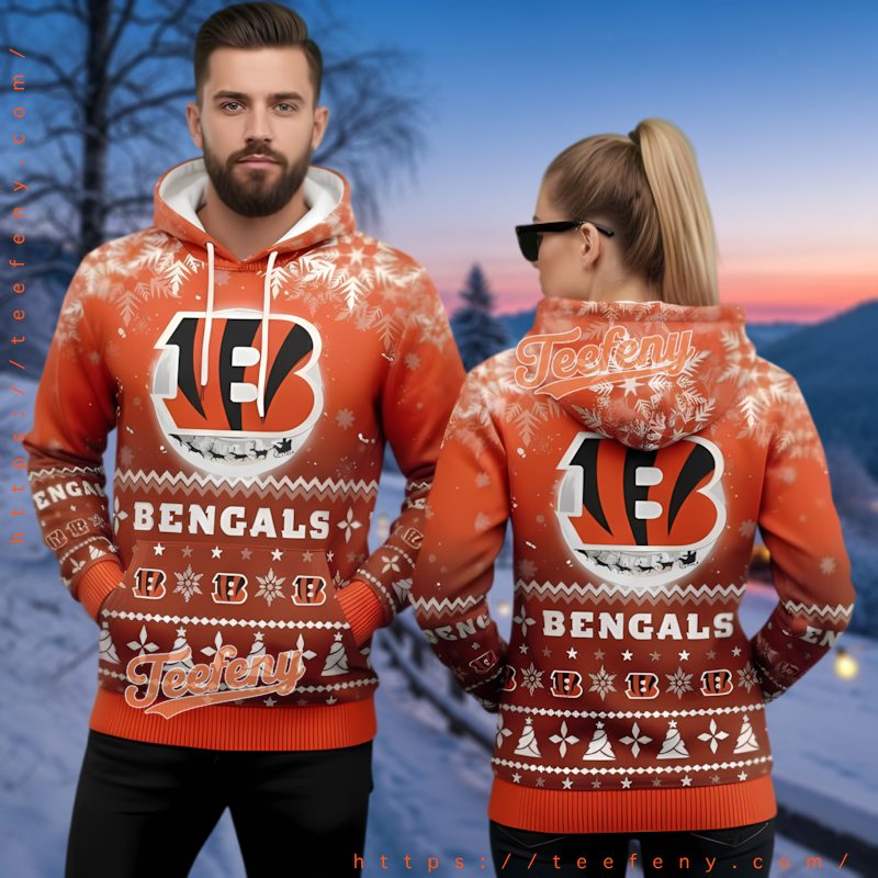 Cincinnati Bengals Reindeer Sleigh Ugly Christmas 3D Hoodie Cincinnati Bengals Reindeer Sleigh Ugly Christmas 3D Hoodie