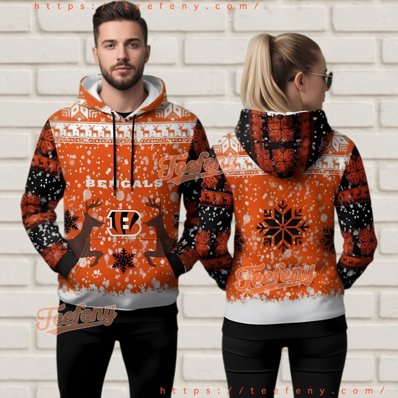 Cincinnati Bengals Reindeer Snowfall Ugly Christmas 3D Hoodie Cincinnati Bengals Reindeer Snowfall Ugly Christmas 3D Hoodie