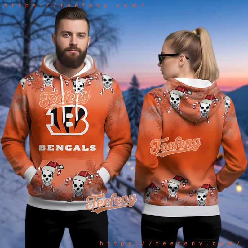 Cincinnati Bengals Skull Santa Hat Ugly Christmas Hoodie 3D Cincinnati Bengals Skull Santa Hat Ugly Christmas Hoodie 3D