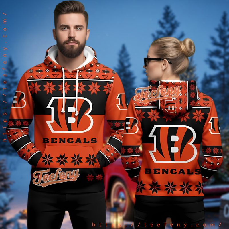 Cincinnati Bengals Snowflake Pattern 3D Ugly Christmas Hoodie Orange Cincinnati Bengals Snowflake Pattern 3D Ugly Christmas Hoodie Orange