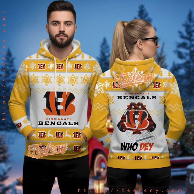 Cincinnati Bengals Who Dey Yellow Ugly Christmas 3D Hoodie Cincinnati Bengals Who Dey Yellow Ugly Christmas 3D Hoodie