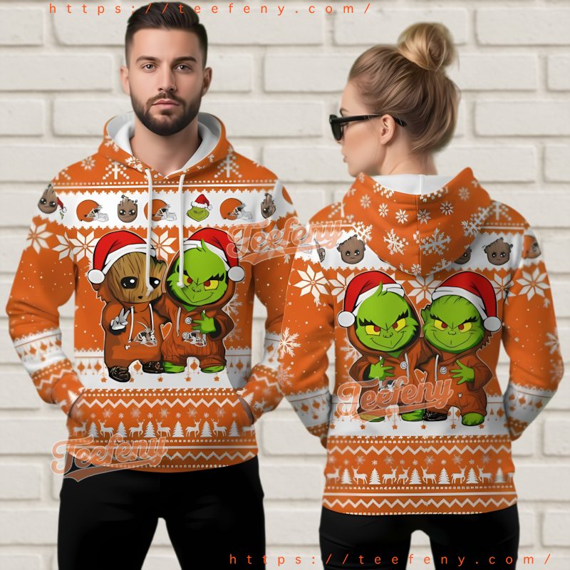 Cleveland Browns Baby Groot Grinch 3D Ugly Christmas Hoodie