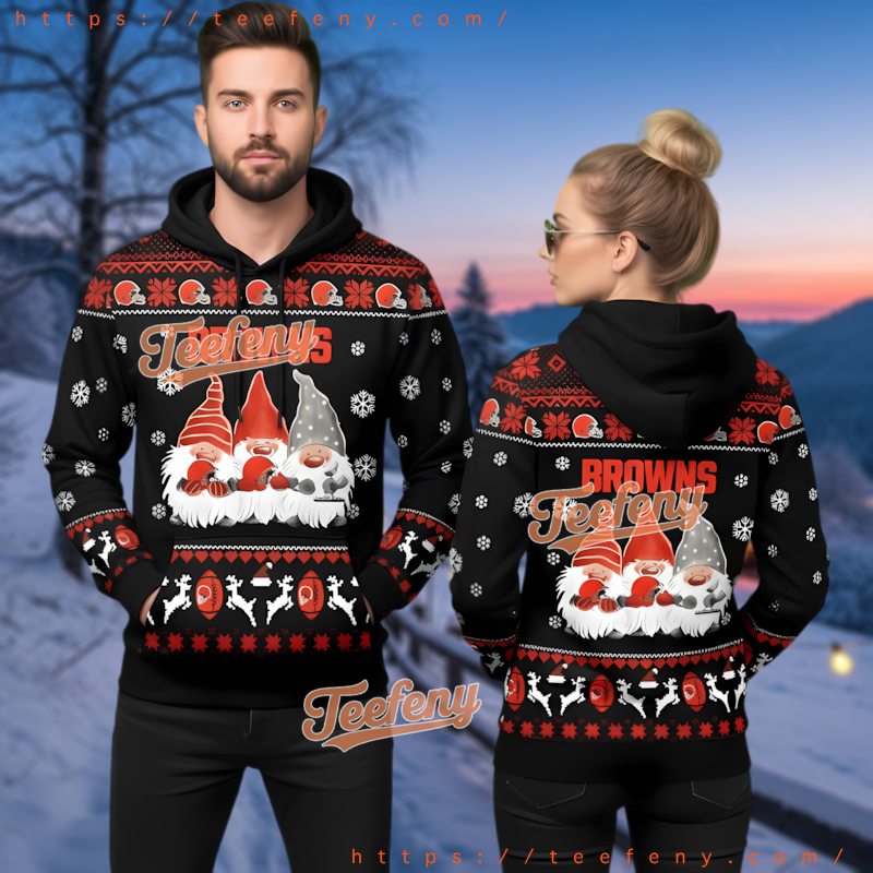 Cleveland Browns Football Gnomes Black 3D Ugly Christmas Hoodie