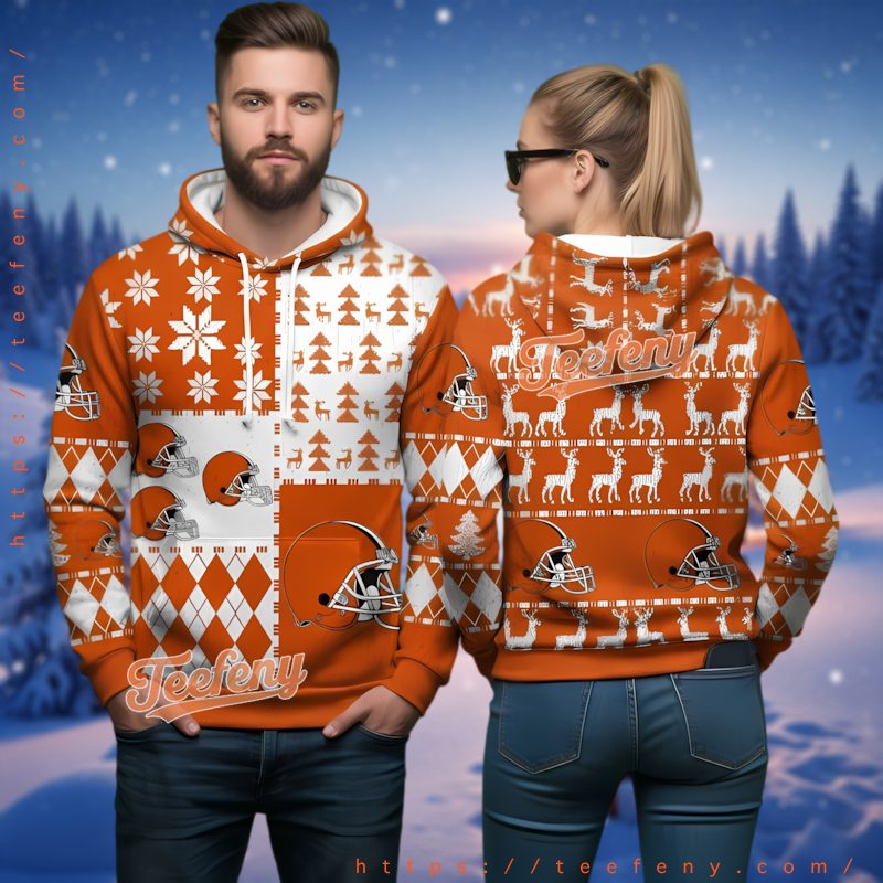 Cleveland Browns Helmet Reindeer Pattern 3D Ugly Christmas Hoodie