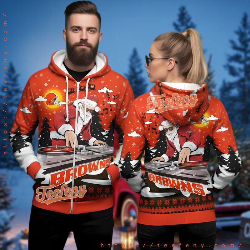 Cleveland Browns Holiday Dj Santa 3D Ugly Christmas Hoodie