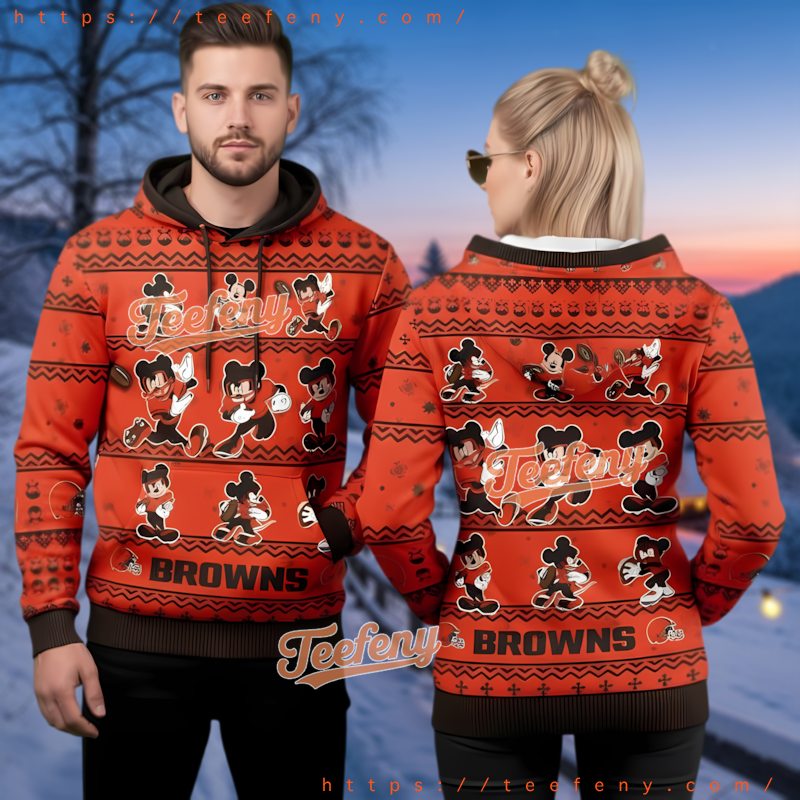 Cleveland Browns Mickey Mouse Pattern 3D Ugly Christmas Hoodie