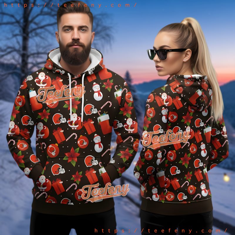 Cleveland Browns Santa Snowman Pattern 3D Ugly Christmas Hoodie Cleveland Browns Santa Snowman Pattern 3D Ugly Christmas Hoodie
