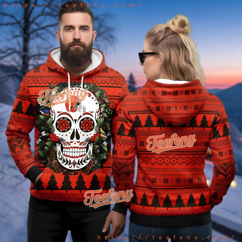 Cleveland Browns Sugar Skull Flower 3D Ugly Christmas Hoodie Cleveland Browns Sugar Skull Flower 3D Ugly Christmas Hoodie