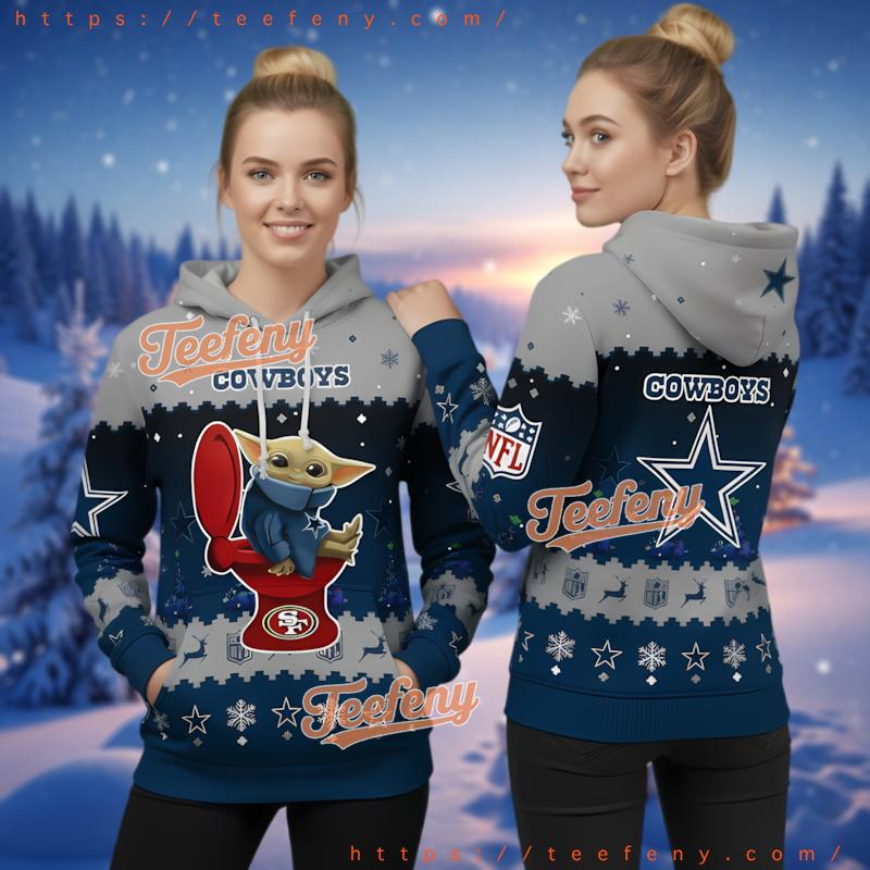 Dallas Cowboys Grogu Sitting On 49Ers Toilet Ugly Christmas 3D Pullover Hoodie
