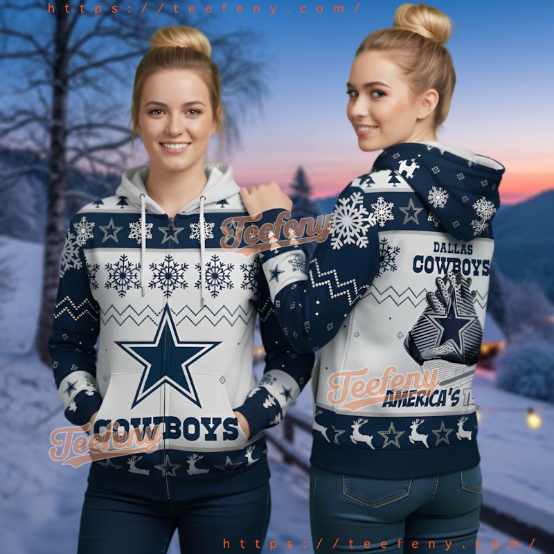 Dallas Cowboys Navy Snowflake Ugly Christmas 3D Zip Up Hoodie