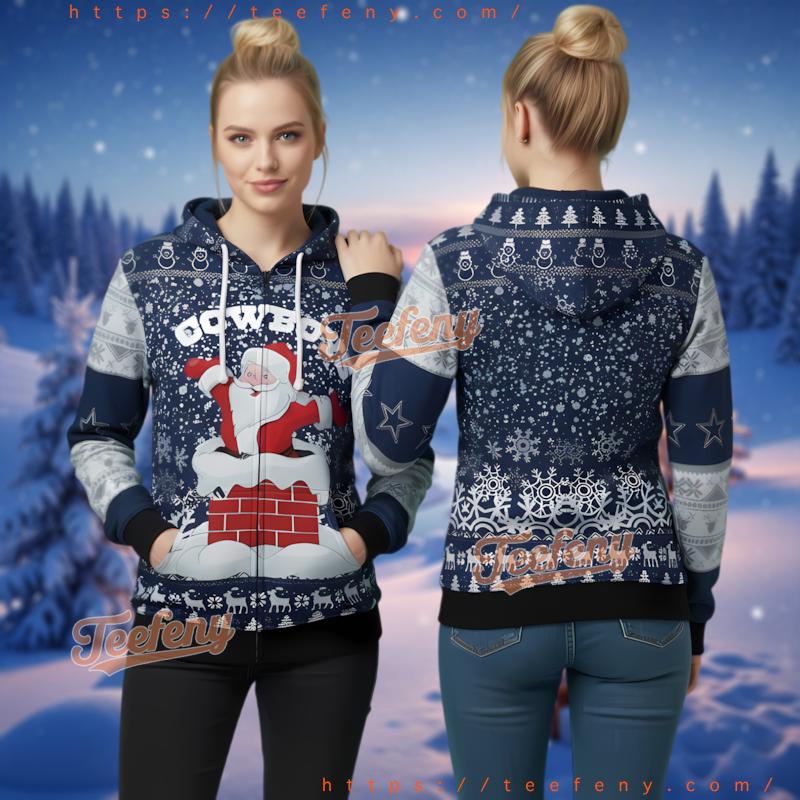 Dallas Cowboys Santa Claus Chimney 3D Ugly Christmas Zip Up Hoodie