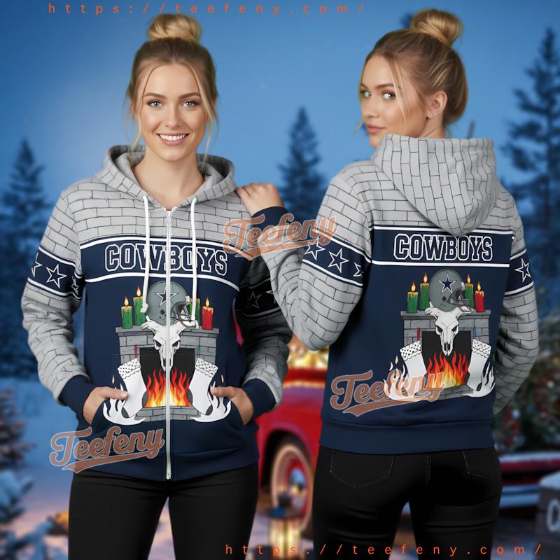 Dallas Cowboys Skull Fireplace Ugly Christmas 3D Zip Up Hoodie