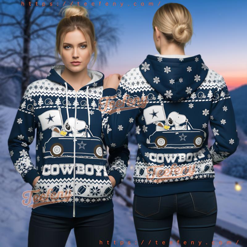 Dallas Cowboys Snoopy In Car 3D Ugly Christmas Zip Up Hoodie